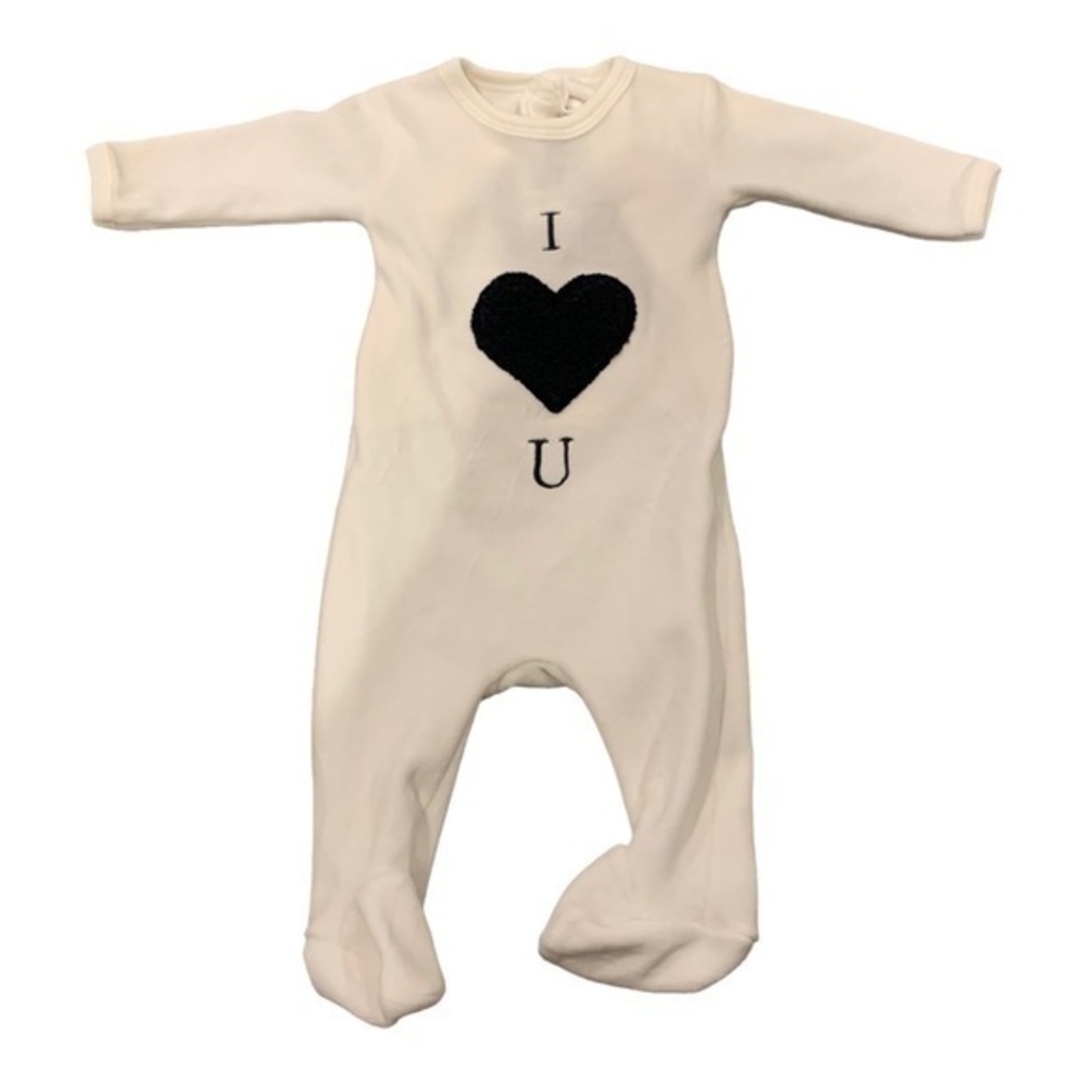 Cotton pompon white plush baby bodysuit with black heart design